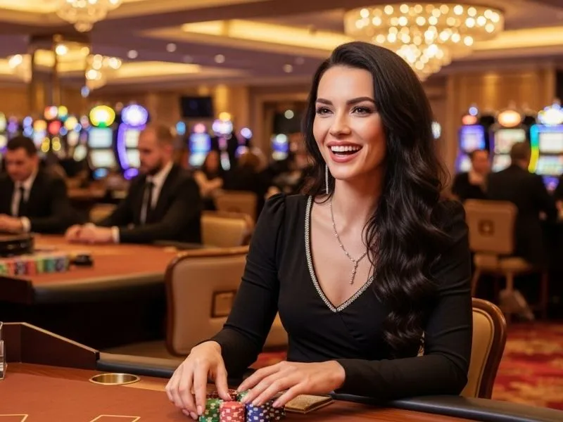 Smiling lady resting her hands on poker chips at 55x casino table