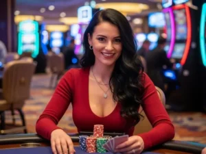 Lady happily playing casino table games, enjoying 777 casino 50 free spins.