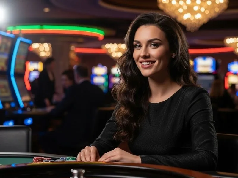 Lady smiling happily after winning at roulette, enjoying 777 casino 50 free spins