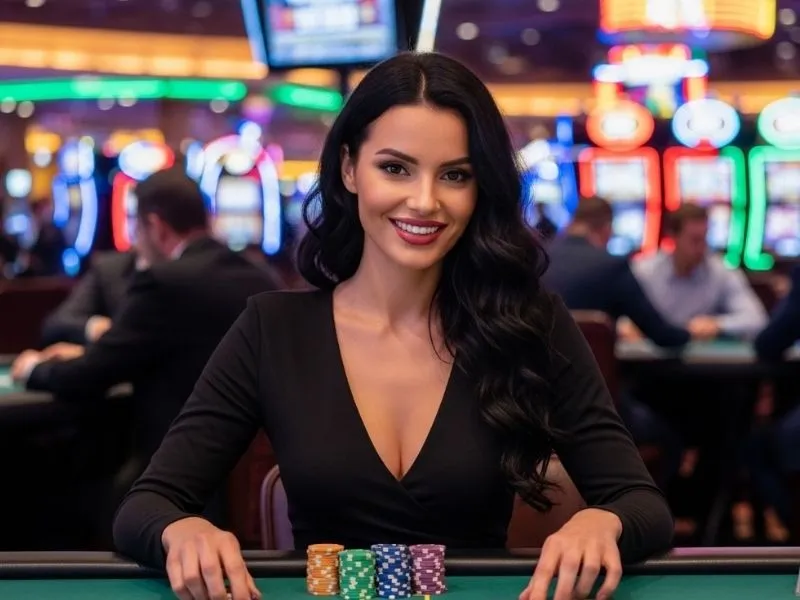 Happy woman celebrating her win at 7s casino with a stack of chips