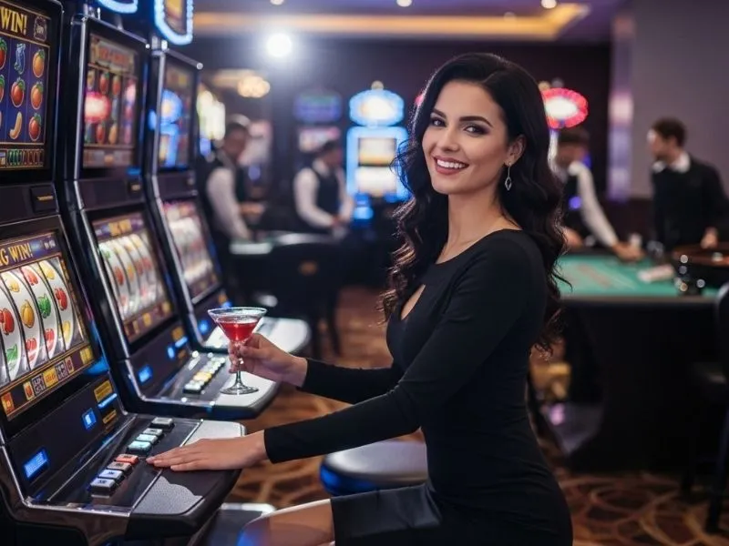7s casino lady happily playing slot games with excitement and joy