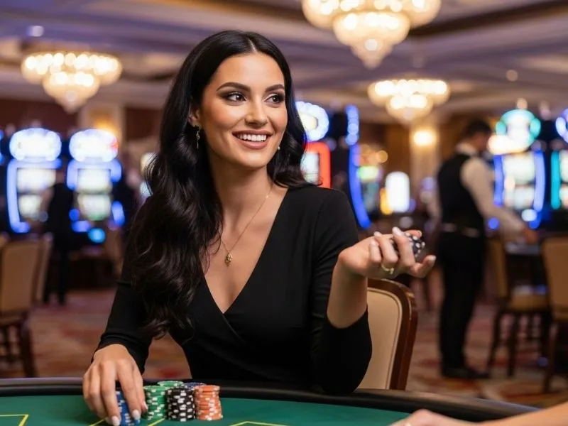 Woman happily playing blackjack at 7s casino, enjoying the excitement of casino games.