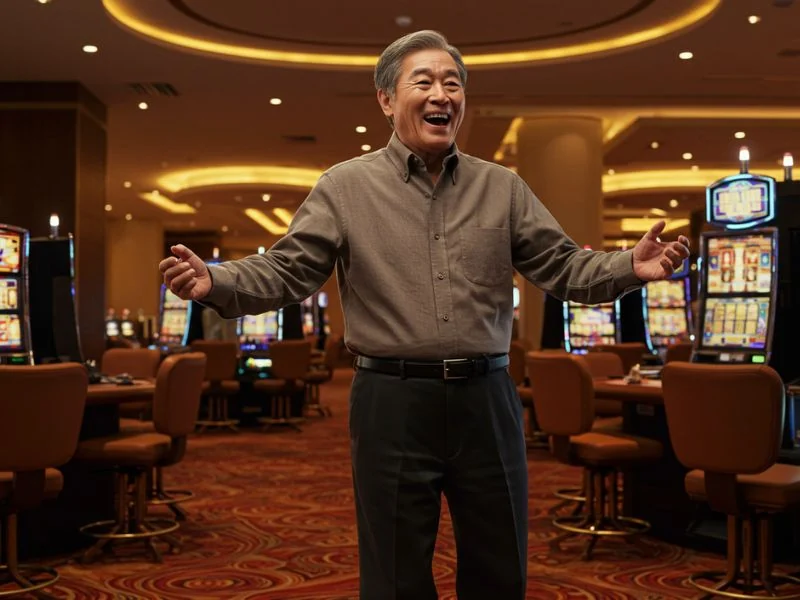 Happy elderly man feeling excited and ready to play at Aeowin Casino.