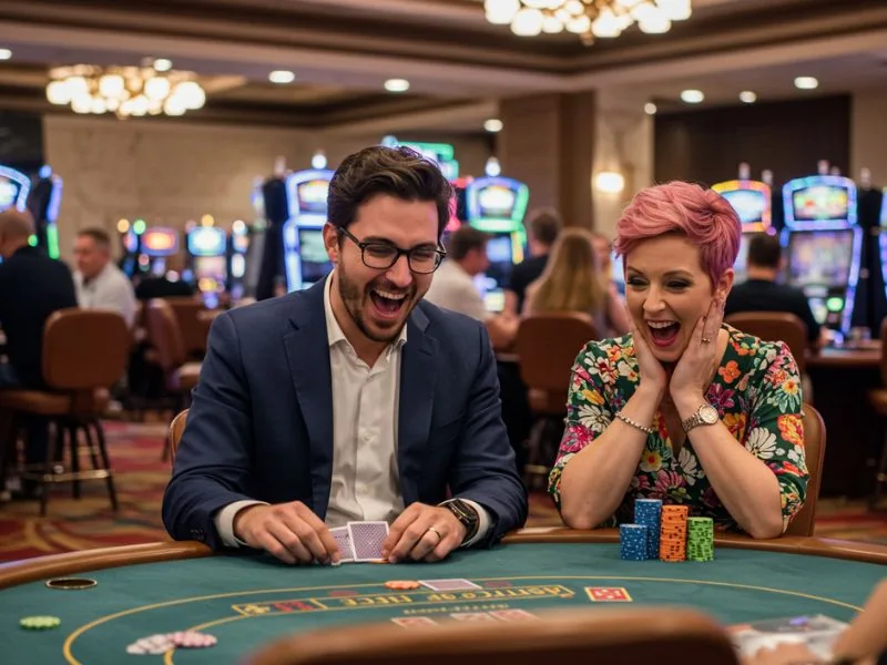 Happy man and woman enjoying a card game together at BS88 Casino.
