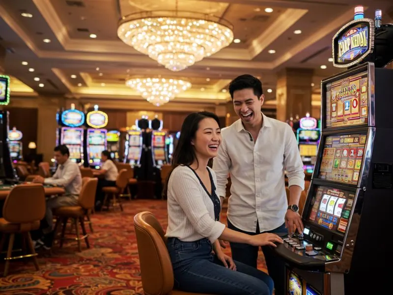 Happy man and woman enjoying a slot game together at BS88 Casino.