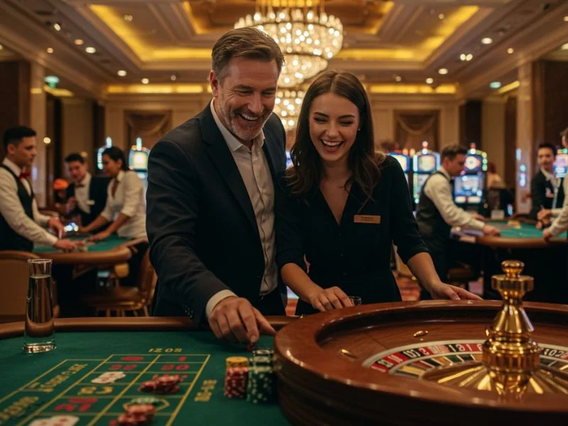 Happy man and woman enjoying a roulette game together at BS88 Casino.
