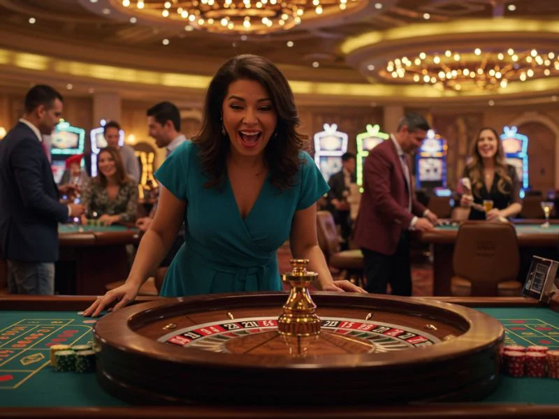 Happy woman enjoying a roulette game at BW777.com Casino.