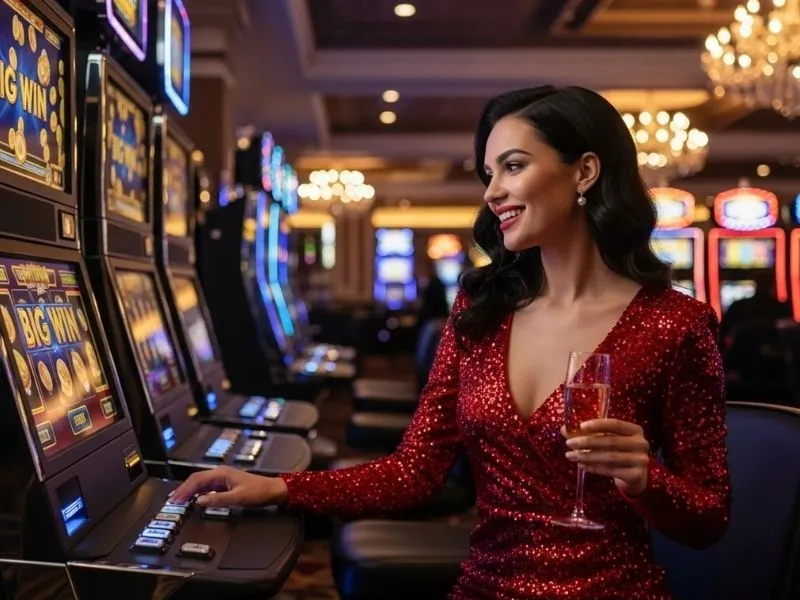 Woman laughing while playing a slots machine at a Cebu casino