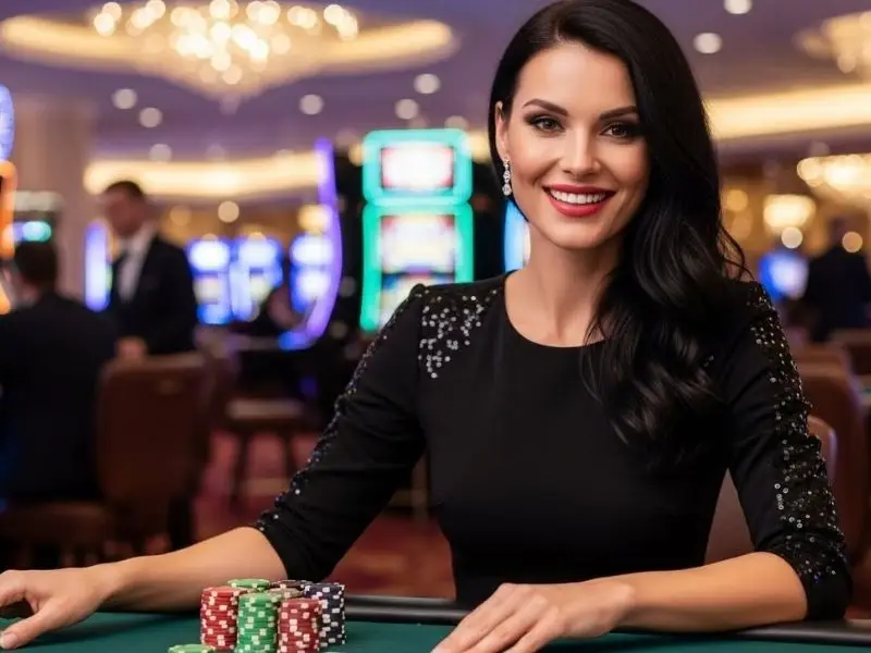 Happy player posing with poker chips after successful EEJL Casino login