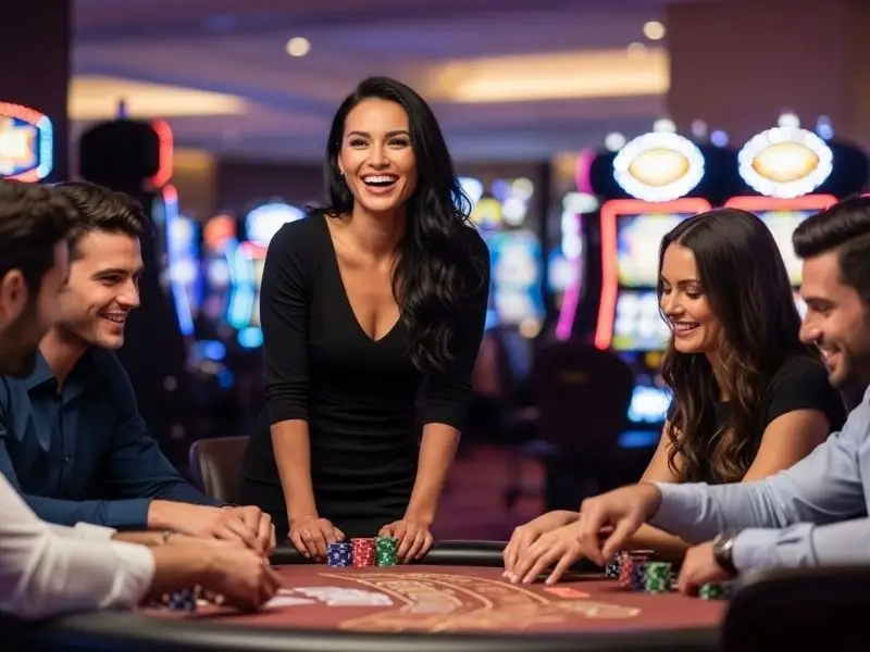 Friends enjoying poker night at Elyu Casino, having fun and celebrating wins together