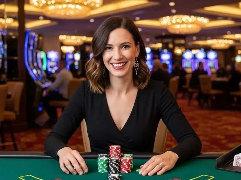 Happy player at casino table enjoying a winning moment at Elyu Casino