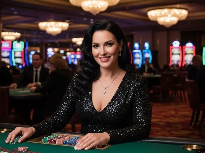 Happy woman sitting with big stack of poker chips at Elyu Casino