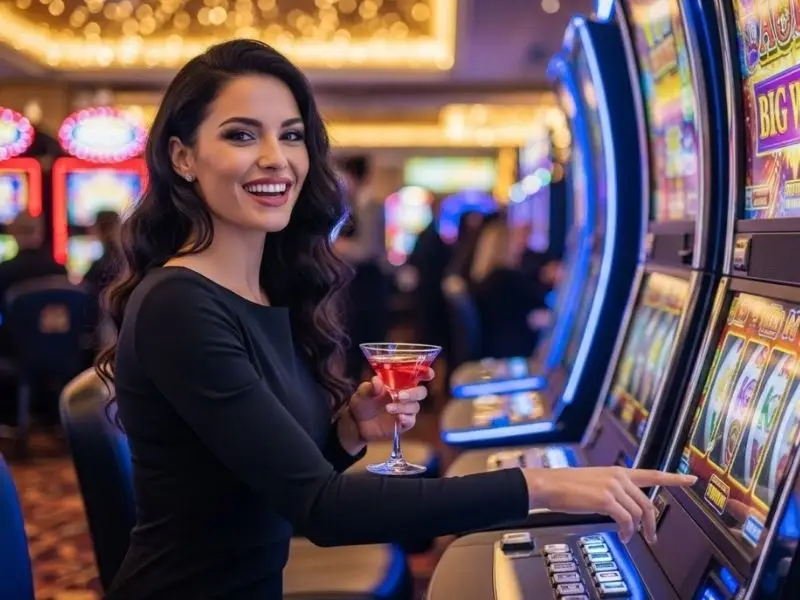 Woman smiling while playing slots at ELYU Casino, enjoying a thrilling gaming experience.