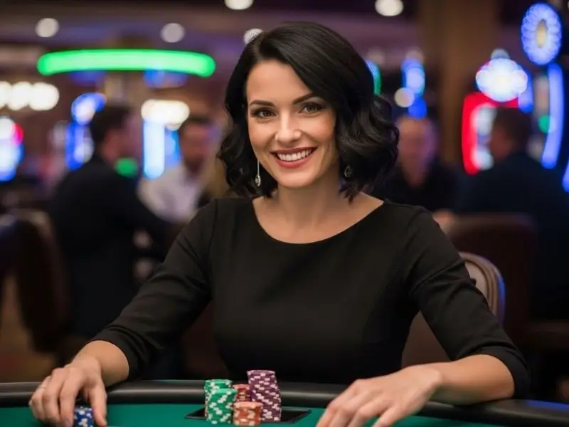 GoPlus Casino Poker Player grinning while placing chips on the table