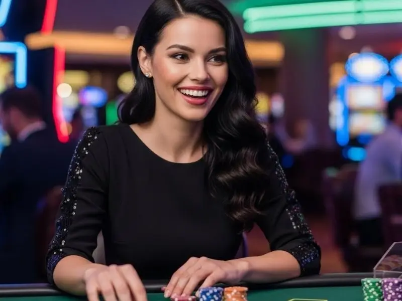 Woman happily playing blackjack at a GoPlus Casino table, enjoying her casino experience