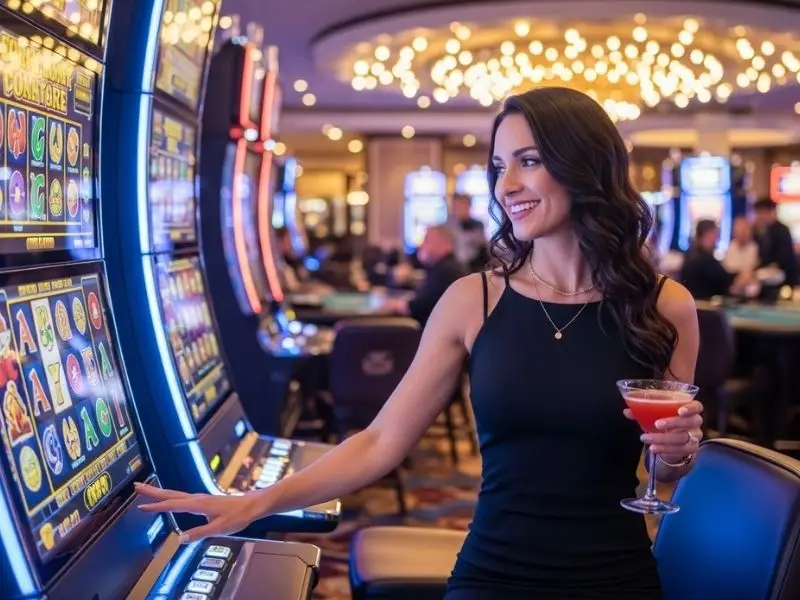 Woman happily playing slot games at JL3 Casino