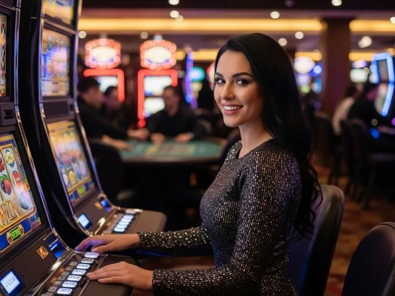 Woman enjoying slot machines at JL7 Casino, having fun in a lively gaming environment.