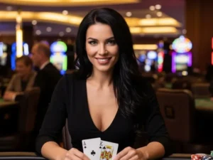 Woman celebrating a poker flush at JL7 Casino with a big smile and raised arms