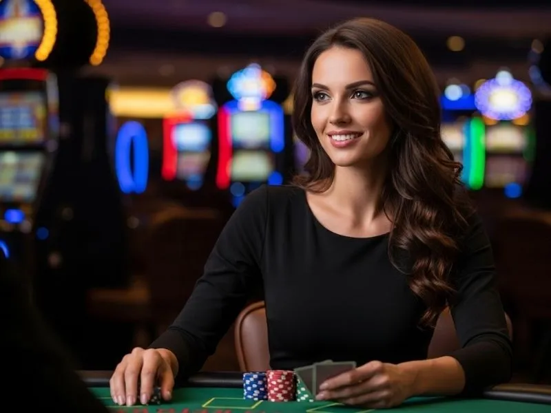 Woman happily placing a bet on poker at jl7 casino