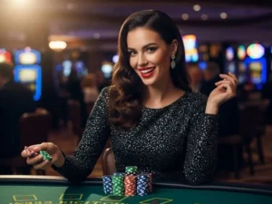 Elegant lady enjoying a blackjack game at Majestic Casino, smiling while playing with confidence.