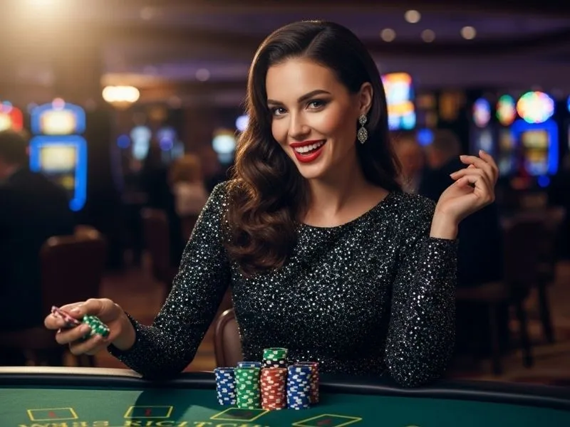 Elegant lady enjoying a blackjack game at Majestic Casino, smiling while playing with confidence.