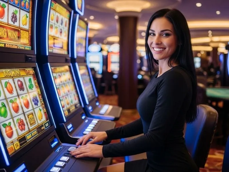 A joyful woman laughing while playing a slot machine at Majestic Casino, enjoying her gaming experience.