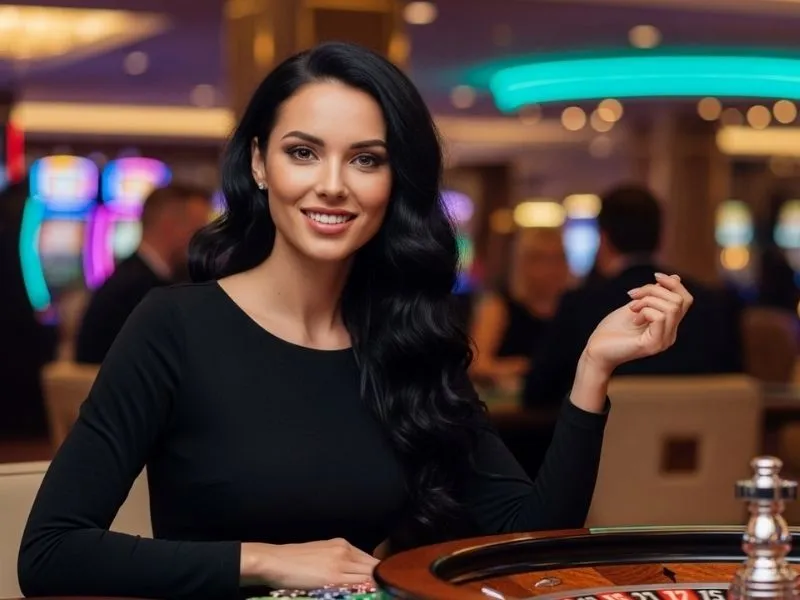 Woman smiling happily while playing at a majestic casino roulette table