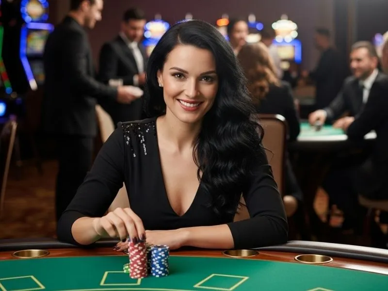 Smiling casino player holding poker chips at Majestic Star Casino during an exciting gaming session