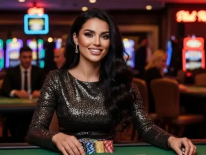 Majestic Star Casino pretty lady placing poker bets happily at an online casino table