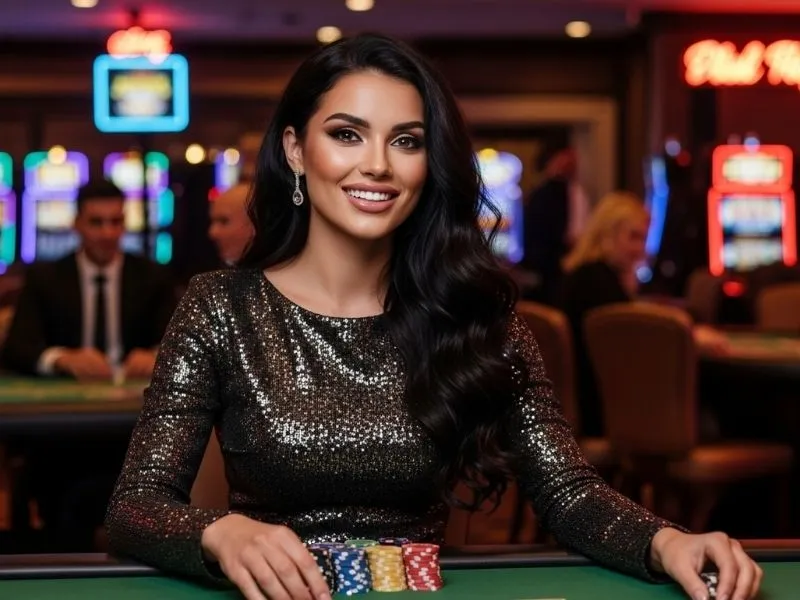 Majestic Star Casino pretty lady placing poker bets happily at an online casino table