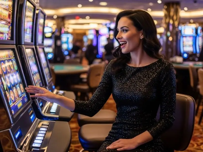 Woman happily playing slot machines at Majestic Star Casino
