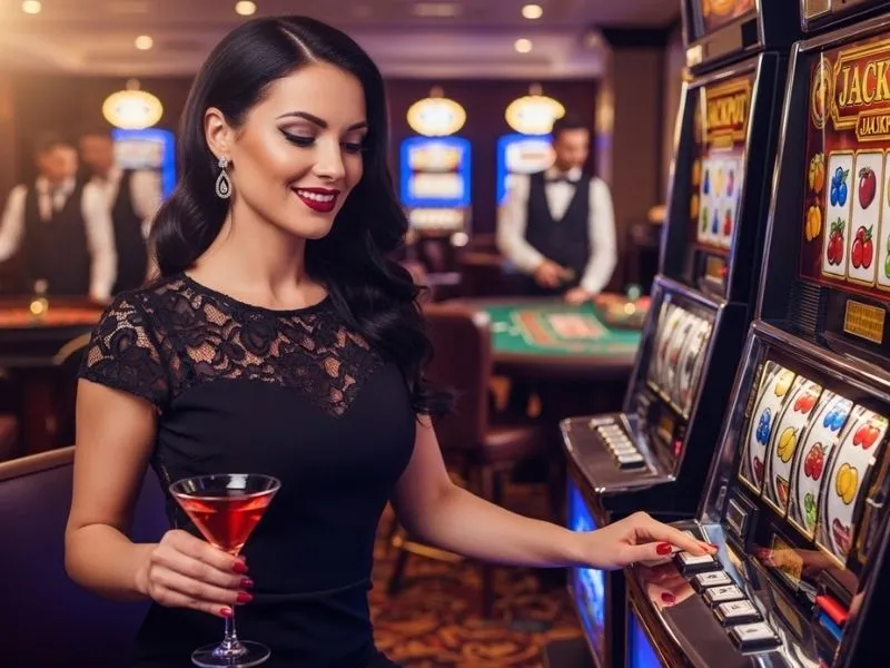 Woman happily playing slot machines at a vibrant casino, representing Manny Pacquiao apps casino experience.