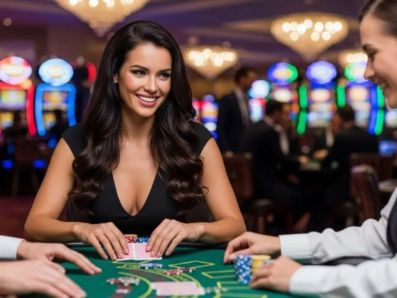 Woman happily playing table games on a mobile device using Manny Pacquiao Apps Casino.