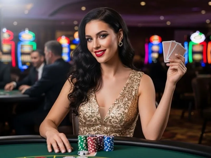 Woman happily smiling while holding cards with mega win casino gift code excitement