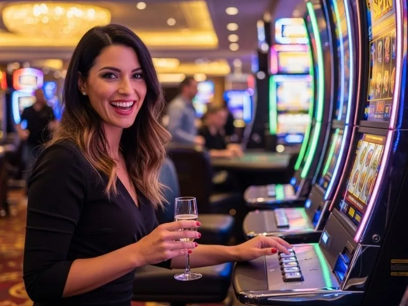 Woman celebrating a jackpot while playing slot games at a casino with a mega win casino gift code.