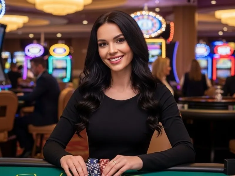 Smiling woman holding casino chips while enjoying the excitement at PHJoin Casino