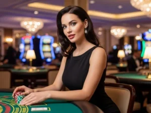 Woman holding poker chips on a table at PHJoin Casino, ready to place her bet.
