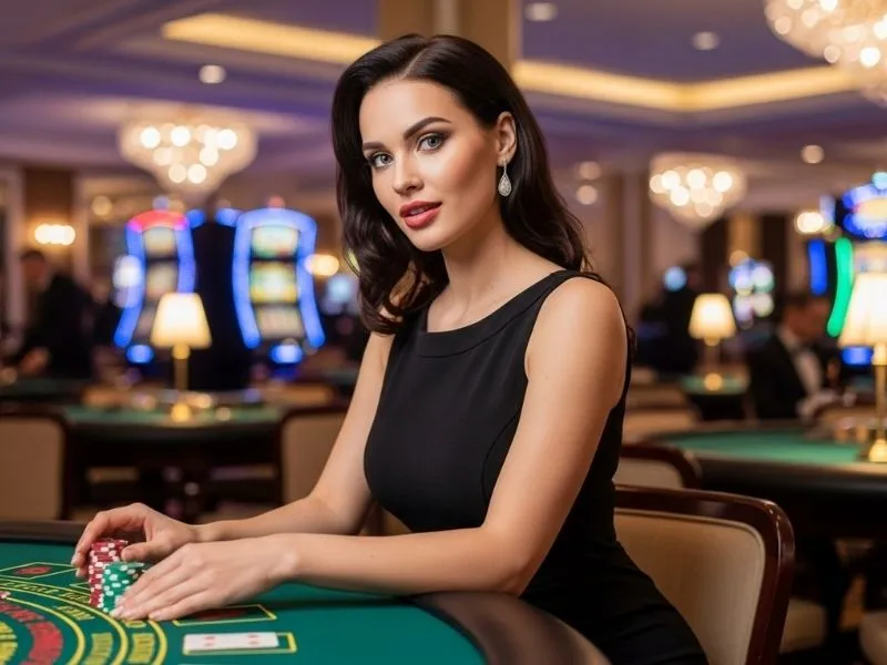 Woman holding poker chips on a table at PHJoin Casino, ready to place her bet.