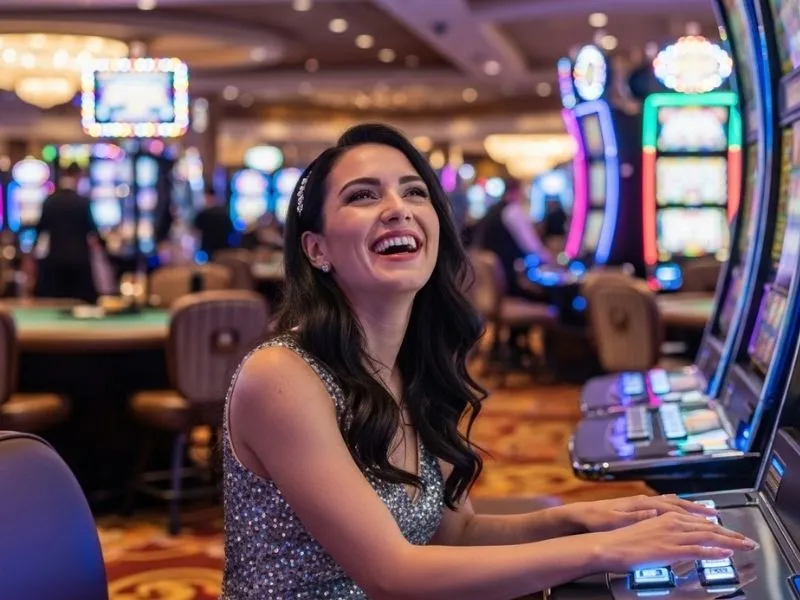 Woman laughing while playing slots at PHJoin Casino