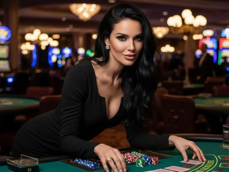 Swerte99 casino lady smiling and playing blackjack at a professional casino table