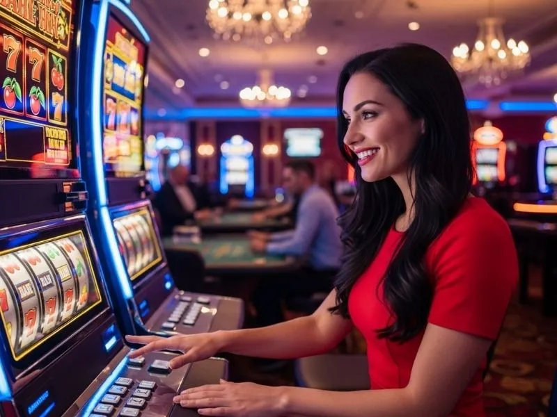 Woman happily playing a slots machine at a casino after completing her z25 casino login.