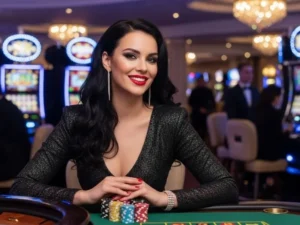 Woman smiling happily at a roulette table while accessing the z25 casino login