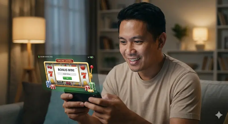 Filipino adult playing mobile slots at phfun.club casino with spinning reels and bonus notification visible on smartphone screen.