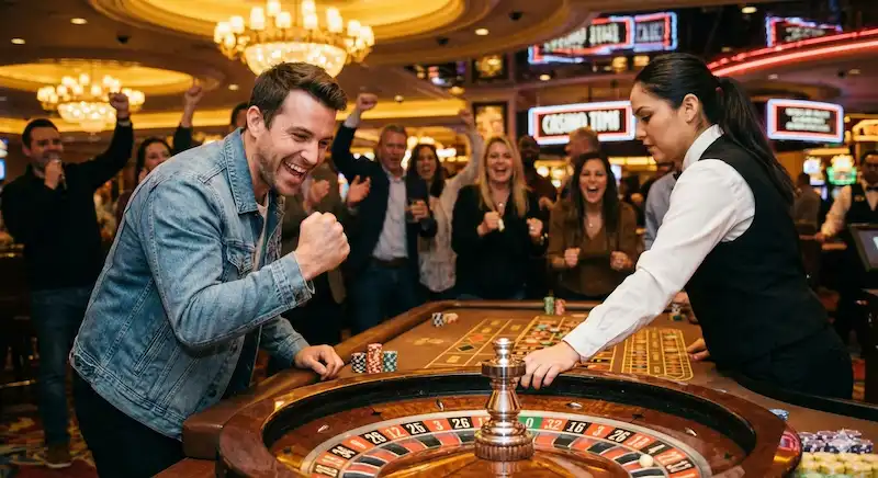 Happy smiling player celebrating a roulette win at Phkilig Online Casino while watching the spinning wheel.