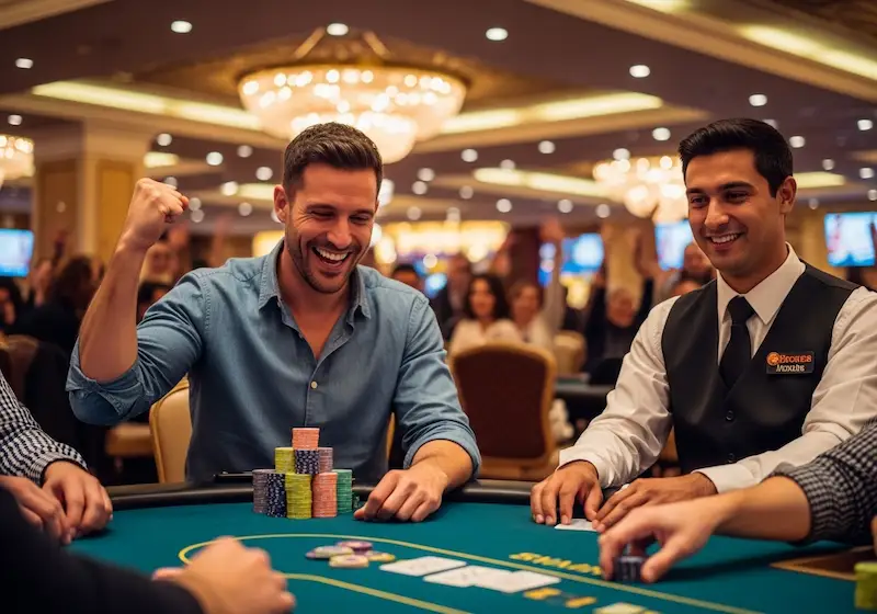 Happy poker player celebrating a big win at Y777 Online Casino with chips stacked high on the table.