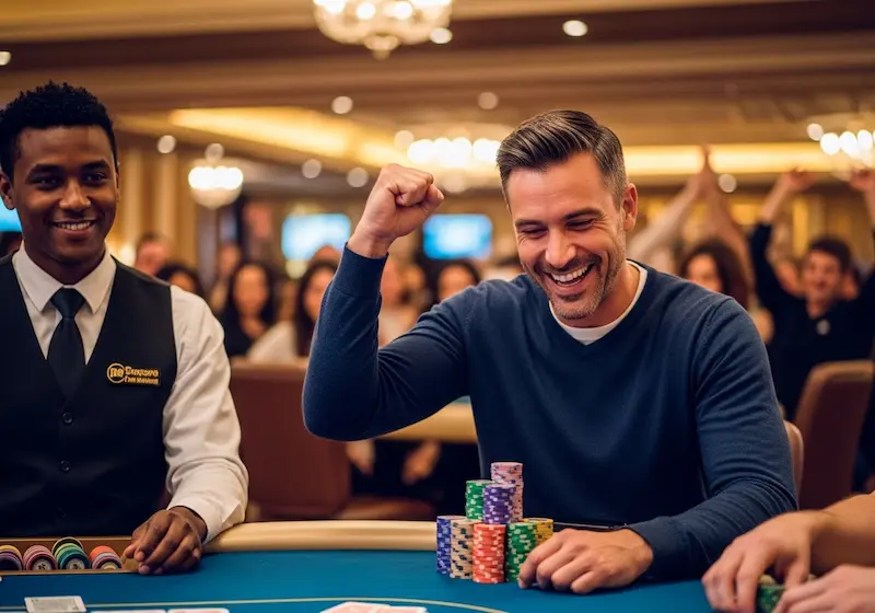 Smiling poker enthusiast stacking chips after a win at Y777 Online Casino.