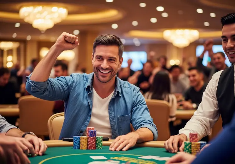 Excited casino player raising hands in celebration after winning poker at Y777 Online Casino.
