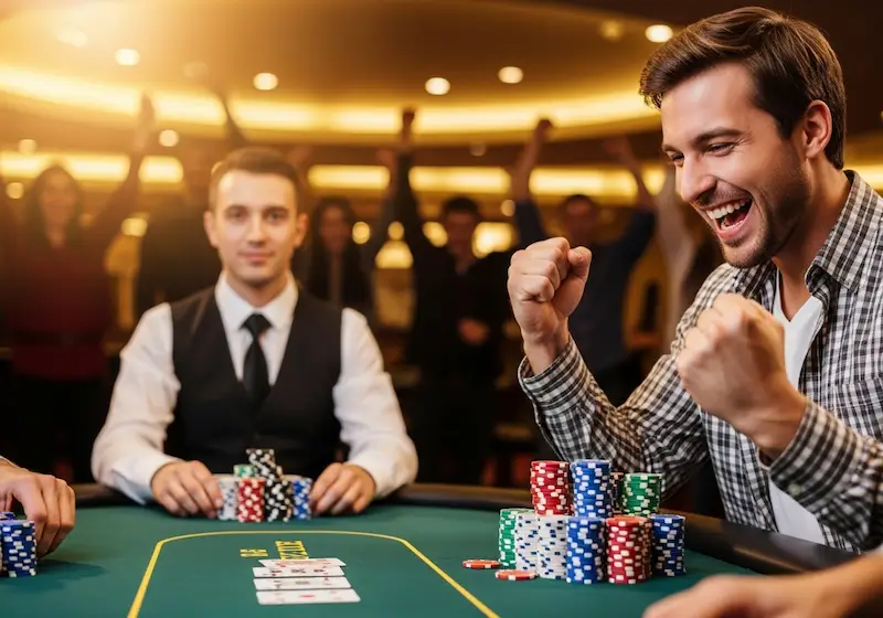 Winning poker player smiling confidently during a game at Y777 Online Casino.