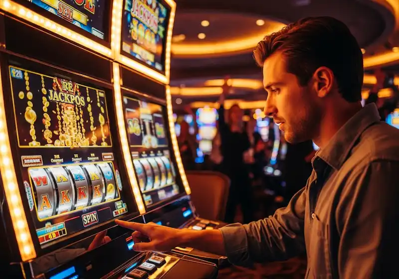 Quiet gamer smiling at slot machine screen after a win on Online Casino PayPal.
