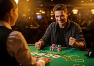 Happy and smiling player winning a blackjack hand at Casino Frenzy table game.